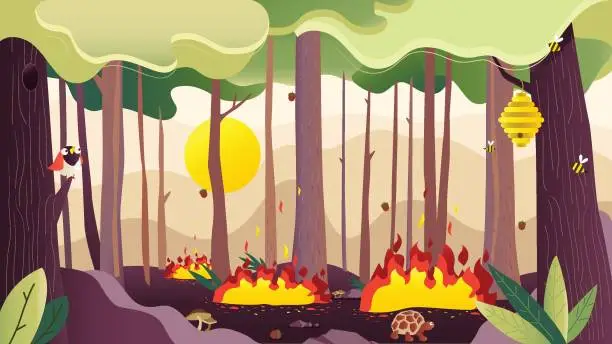 Vector illustration of Fire in forest flat vector illustration. Bees flying over fire flame. Wildfire landscape, wildland. Natural ecology disaster. Flaming woodland.