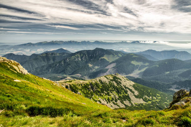 sommerliche berglandschaft. blick vom hügel chopok in der niederen tatra auf die hohe tatra, slowakei - mountain range carpathian mountain range mountain ridge stock-fotos und bilder