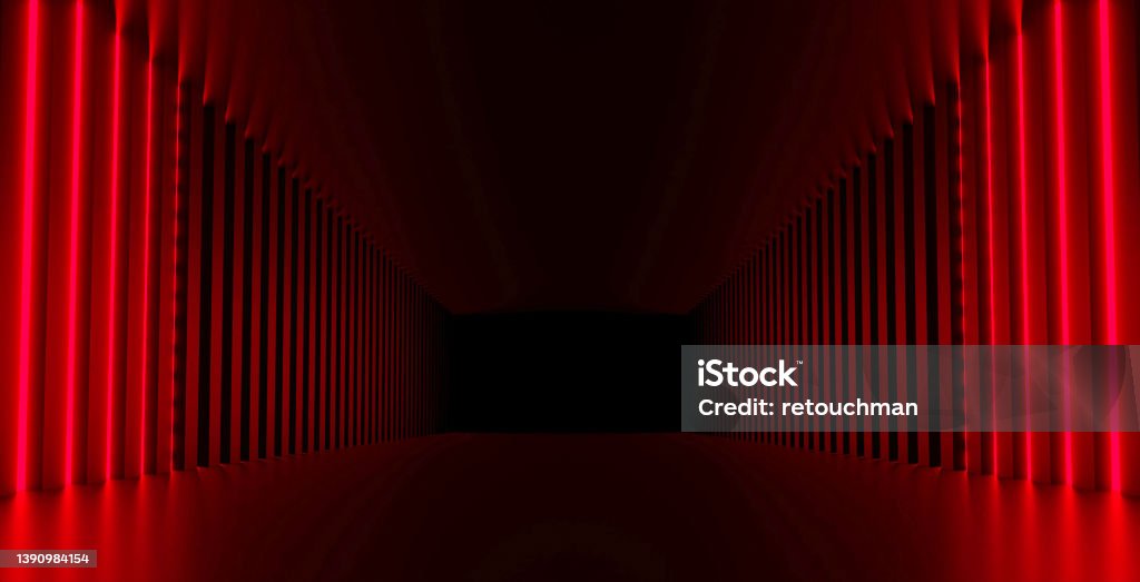 Futuristic sci-fi abstract red neon light shapes on black background and reflective concrete with blank space for 3D text rendering Red Stock Photo