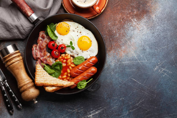 istock English breakfast with fried eggs, beans, bacon and sausages 1390987043
