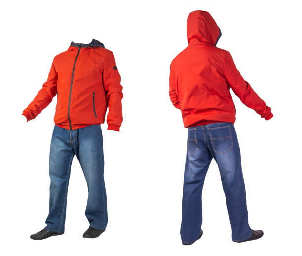istock dark blue jeans, black leather shoes, jacket isolated on white background. 1390987879