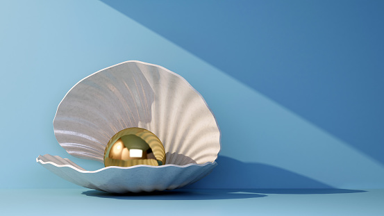 open seashell with golden pearl with copy space. 3d rendering