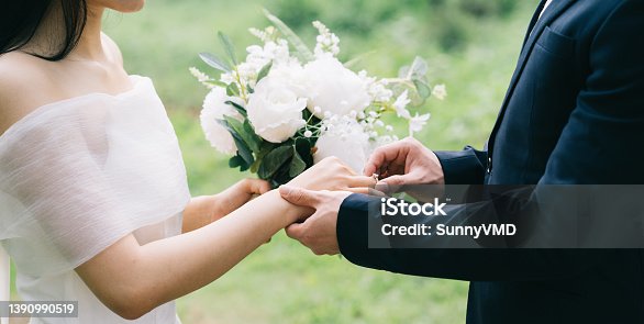 istock Image of young Asian bride and groom 1390990519