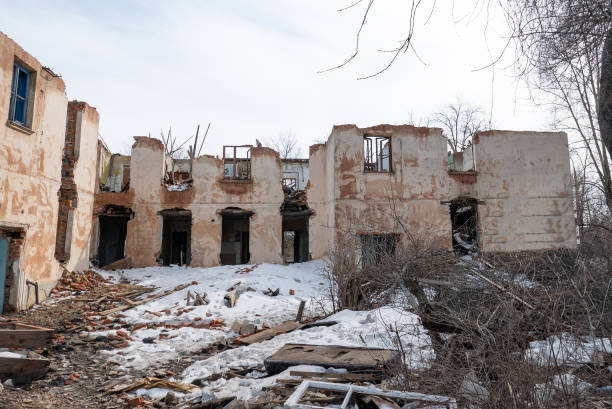 War ruins. Destroyed city after the bombing. Dead city. Bombed buildings. Post-war landscape. Destroyed building. War ruins. Destroyed city after the bombing. Dead city. Bombed buildings. Debris buildings. War destruction. mariupol stock pictures, royalty-free photos & images