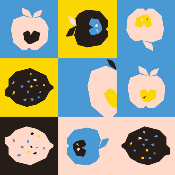 ilustrações, clipart, desenhos animados e ícones de padrão geométrico universal e perfeito com elementos de frutas, formas vegetais. - hexahedron
