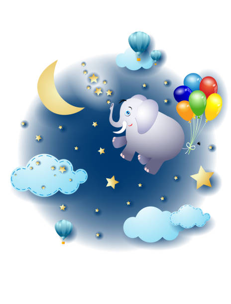 istock Night landscape with clouds and flying elephant with balloons. Fantasy illustration, vector eps10 1390992366