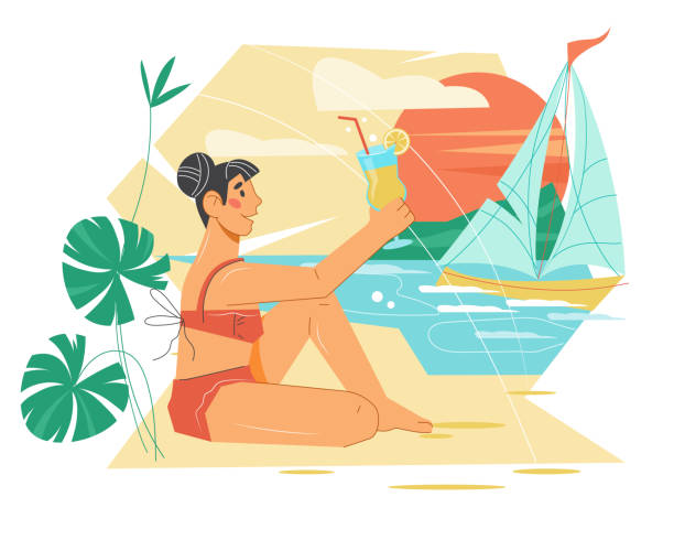 istock Summer beach vacation banner with woman sunbathing on seashore, vector isolated. 1390993664