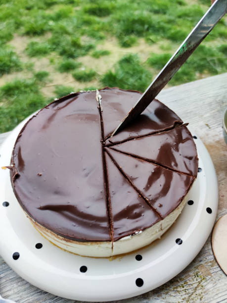istock cutting round creamy chocolate cheesecake into pieces 1390994397