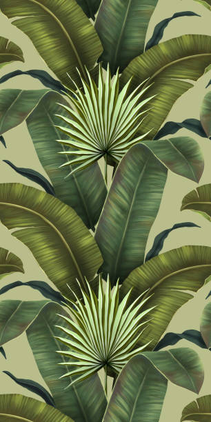 exotisches tropisches muster. tropische palmenblätter mit dunklem hintergrund. handzeichnung 3d-illustration. dunkle tropische blätter tapete. ideal für stoff-, tapeten-, papierdesign - floral pattern flower backgrounds lush foliage stock-grafiken, -clipart, -cartoons und -symbole