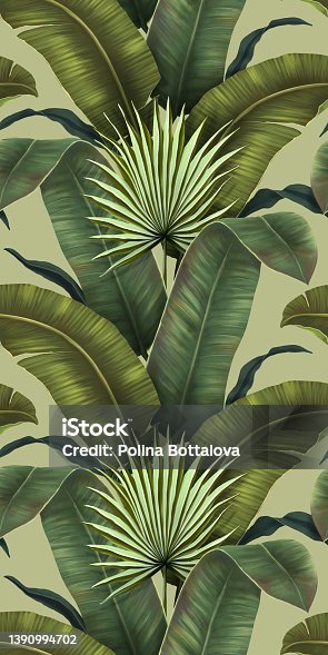 istock Exotic tropical pattren. Tropical palm leaves dark background. Hand drawing 3d illustration. Dark tropical leaves wallpaper. Great for fabric, wallpaper, paper design 1390994702