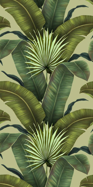 exotic tropical pattren. tropical palm leaves dark background. hand drawing 3d illustration. dark tropical leaves wallpaper. great for fabric, wallpaper, paper design - 富有魅力 插圖 幅插畫檔、美工圖案、卡通及圖標