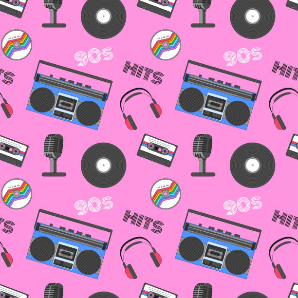 illustrations, cliparts, dessins animés et icônes de motif sans couture avec des techniques rétro et des symboles des années 90. boombox, cassette audio, disque vinyle, casque, microphone. idéal pour les textiles et le papier d’emballage. illustrations vectorielles couleur sur rose. - pink background audio