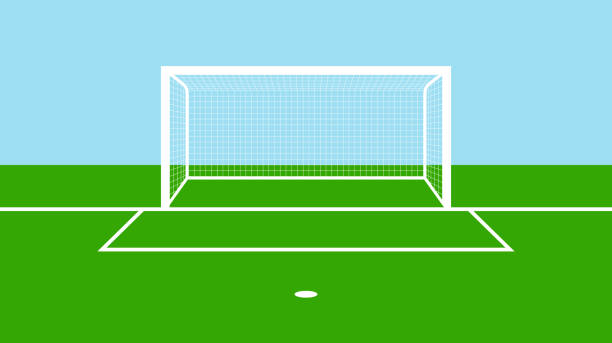 サッカーのゴールフィールド。サッカー場、ゴールポストとネット付きのゲート。ペナルティのためのサッカーの背景。緑の芝生と白い線のサッカー場。ゲームとスポーツのためのフラット� - penalty shot点のイラスト素材／クリップアート素材／マンガ素材／アイコン素材