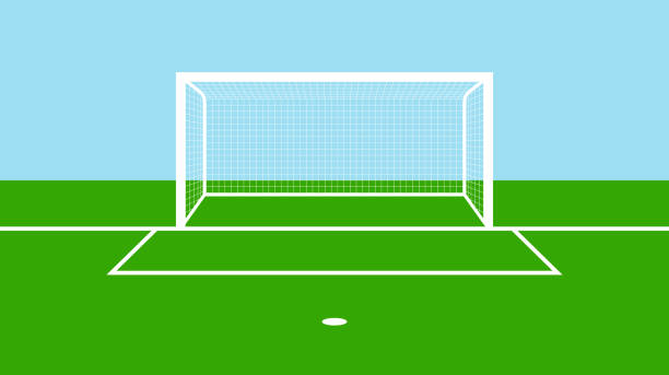 ilustrações, clipart, desenhos animados e ícones de campo de gol de futebol. campo de futebol, portão com trave e rede. fundo de futebol para penalidade. campo de futebol com grama verde e linhas brancas. estádio plano para jogo e esporte. vetor - playing field illustrations