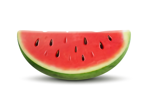 Slice of watermelon. Vector 3d realistic ripe fresh fruit watermelon piece isolated on white background. Illustration of juicy red watermelon slice with pits