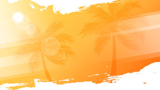 stockillustraties, clipart, cartoons en iconen met summertime background with palm trees, summer sun and white brush strokes for your season graphic design. hot sunny days. - zomer