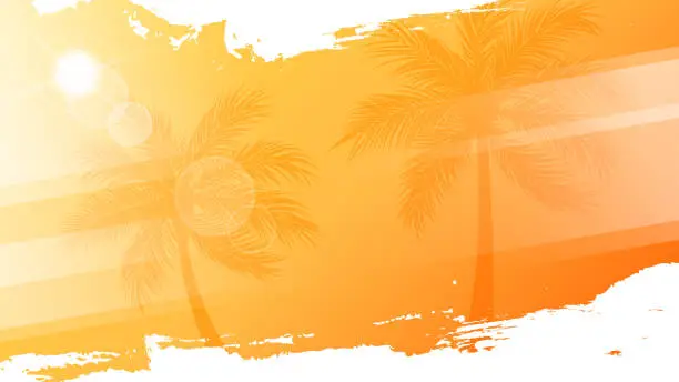 Vector illustration of Summertime background with palm trees, summer sun and white brush strokes for your season graphic design. Hot Sunny Days.