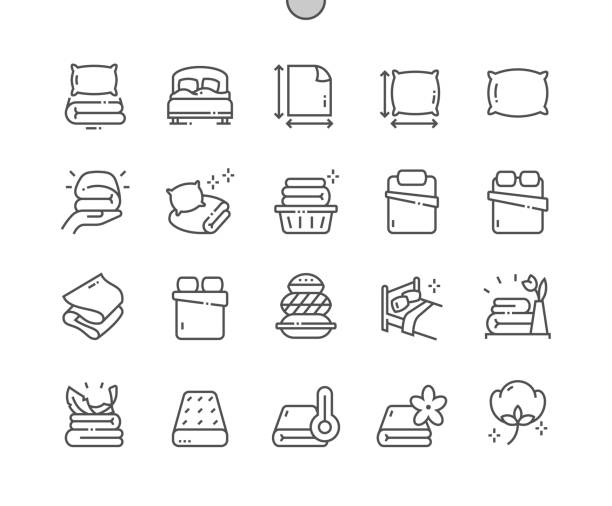 ilustraciones, imágenes clip art, dibujos animados e iconos de stock de sábanas. cama de matrimonio. tamaño de la almohada. textil blando. iconos de línea delgada de pixel perfect vector. pictograma mínimo simple - sheet