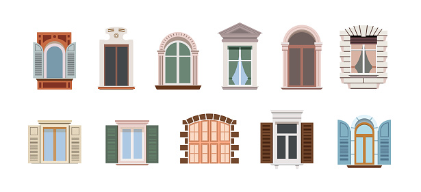 Big set windows. Different City windows in retro style. Isolated on a white background. Interior and exterior elements. Architecture design. vector illustration.
