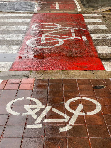 istock Bicycle lane in wet street 1391000566