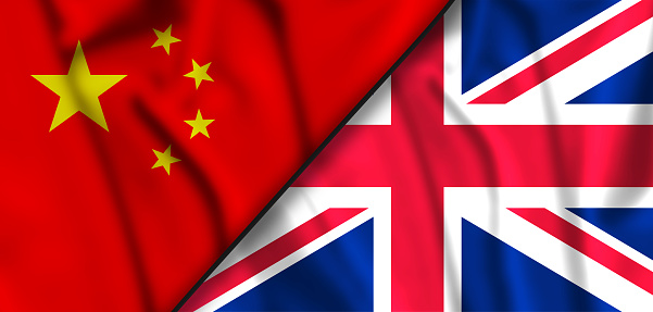 China and United Kingdom two flags textile cloth, fabric texture