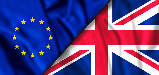Relationship between UK, United Kingdom and EU, European Union on background. Isolated 3D illustration