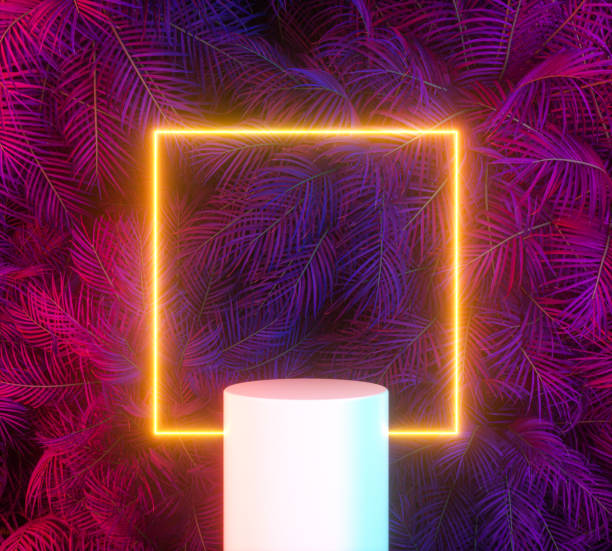 istock Summer podium backdrop with Tropical leaves and neon light. 1391005268