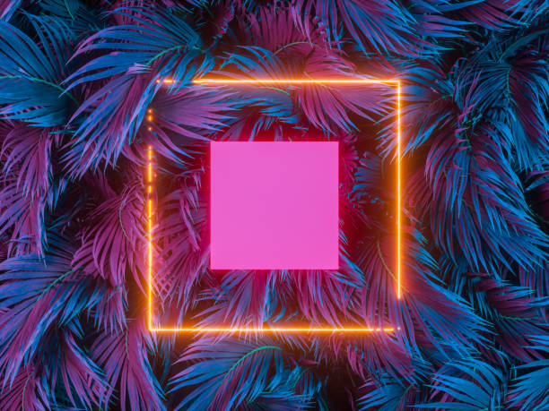 istock Summer podium backdrop with Tropical leaves and neon light. 1391005292