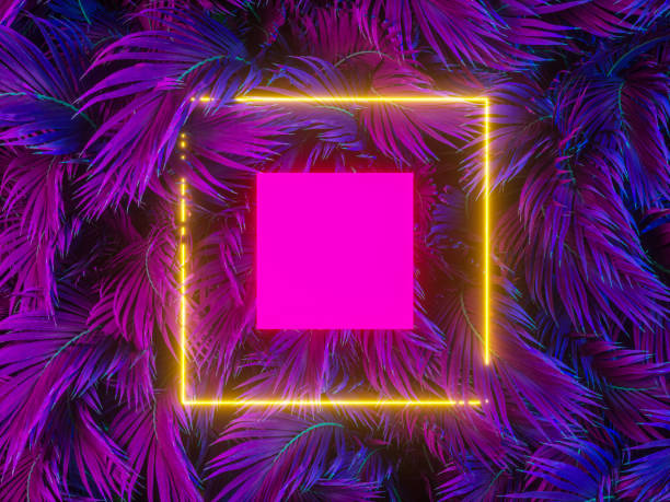 istock Summer podium backdrop with Tropical leaves and neon light. 1391005300