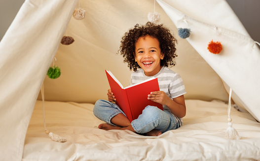 istock Cute little african american kid curly boy reading book in play tent 1391006391
