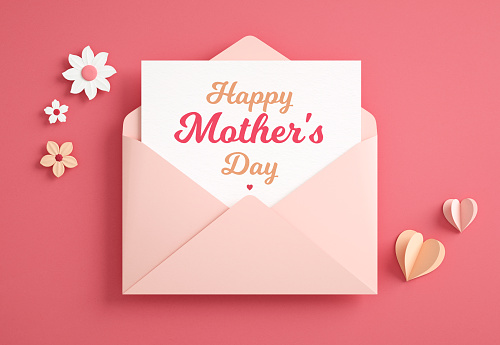Mothers Day elegant postcard with lettering inside an open envelope, hearts and flowers in paper cut style. Flat lay view of modern poster or banner background for celebrate love in 3D illustration