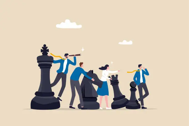 Vector illustration of Strategy to win competition, teamwork help plan strategic idea to fight and achieve business victory, challenge concept, business people team players stand strong with king, knight chess pieces.