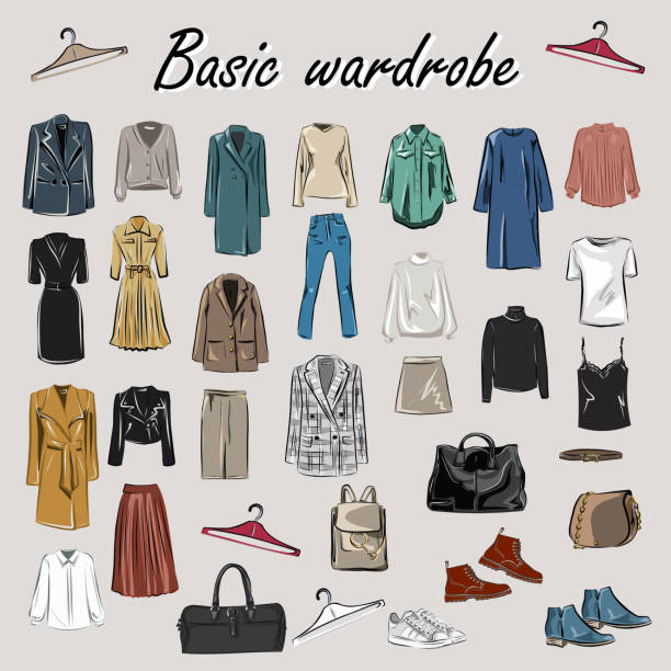 bildbanksillustrationer, clip art samt tecknat material och ikoner med capsule basic wardrobe for a woman. minimalism. fashion. big cupboard. wardrobe with a set of clothes on hangers and bags. isolated vector objects. - wardrobe
