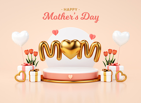 Mother's day pedestal platform with gold letters and heart for postcard or flyer background template. Modern poster with festive decoration scene for celebrate mom love in 3D illustration