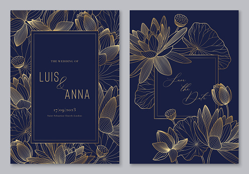 Luxury lotus template for wedding invitation. Floral design with lily and leaves. Vector poster for wedding date celebration. Golden frame and line flowers. Decorative cards.