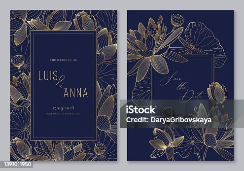 istock Luxury lotus template for wedding invitation. Floral design with lily and leaves. Vector poster for wedding date celebration. Golden frame and line flowers. Decorative cards. 1391011950