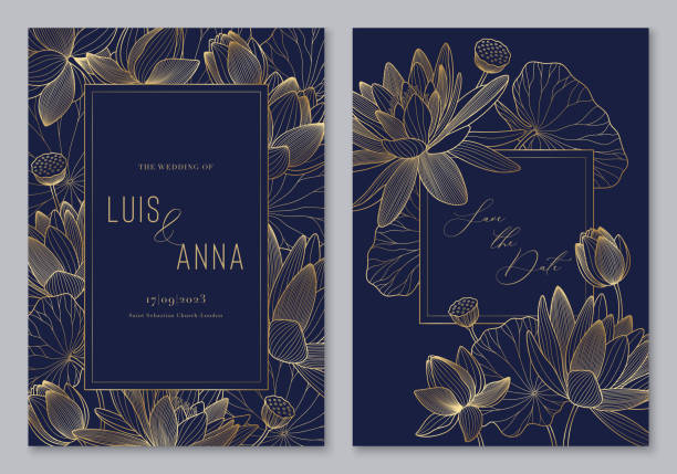 Luxury lotus template for wedding invitation. Floral design with lily and leaves. Vector poster for wedding date celebration. Golden frame and line flowers. Decorative cards. Luxury lotus template for wedding invitation. Floral design with lily and leaves. Vector poster for wedding date celebration. Golden frame and line flowers. Decorative cards lotus water lily stock illustrations