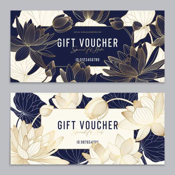 Vector illustration of Luxury vector voucher set with line lotuses and leaves. Golden, white and navy lily. Special offer for gift . Certificate in yoga, spa, salon, boutique. Decorative gold cards