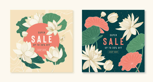 Luxury vector super sale banners with golden lotus and leaves. Chinese posters for summer sale or discount. Promotion cards with line lily, leaves and patterns. Oriental template for your design. Luxury vector super sale banners with golden lotus and leaves. Chinese posters for summer sale or discount. Promotion cards with line lily, leaves and patterns. Oriental template for your design lotus water lily white flower stock illustrations