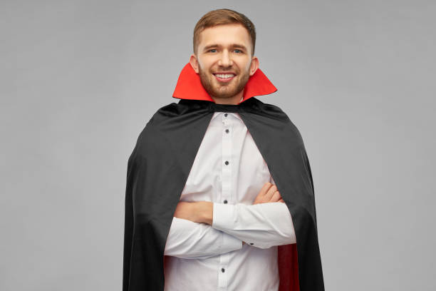 happy man in halloween costume of vampire stock photo