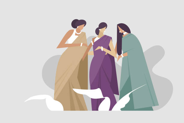 ilustraciones, imágenes clip art, dibujos animados e iconos de stock de ilustración de tres mujeres con el traje tradicional indio 'sari'. - sari