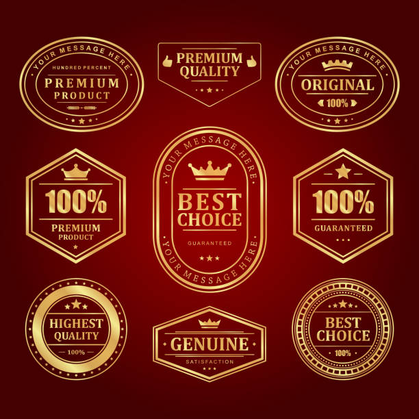 Gold frames premium vector labels and logos set. Gold frames premium vector labels and logos set. Collection geometric luxury emblems for trade brands and certificates. Best choice marketing and quality marks in introducing new brands successful business. red crown logo stock illustrations