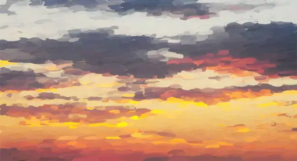 Vector illustration of Abstract oil painting evening sky in beige and bright colors. Colored clouds. Contemporary art random paint strokes in warm colors. Abstract painting vector illustration. Painting sky with deep color.