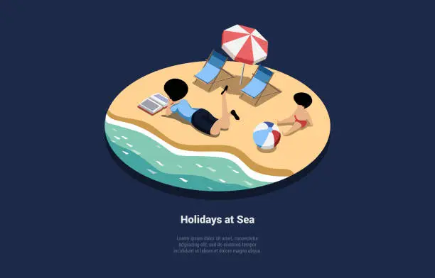 Vector illustration of Concept Of Summer Vacations. Female Character Parent With Child Lying And Sunbathing on The Beach. Time To Vacations. Illustration With Sunbed And Beach Umbrella. Isometric 3d Vector Illustration