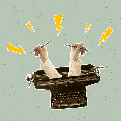 Collage de arte contemporáneo. Diseño vintage. Dos manos que sobresalen de la máquina de escribir retro, creando texto, historia photo