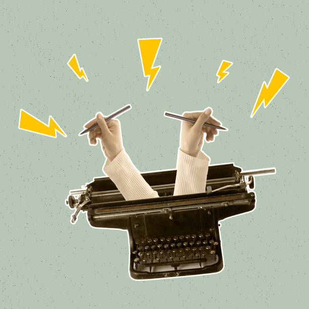 collage d'arte contemporanea. design vintage. due mani che sporgono macchina da scrivere retrò, creando testo, storia - typewriter writing retro revival old fashioned foto e immagini stock