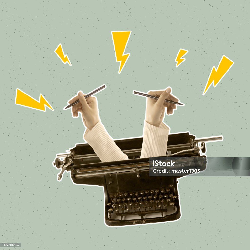 Contemporray art collage. Vintage design. Two hands sticking out retro typewriter, creating text, story Contemporray art collage. Vintage design style. Two hands sticking out retro typewriter, creating text, story. Copy space for ad, text. Concept of old fashion, history, creativity, inspiration Writing - Activity Stock Photo