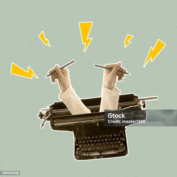 Contemporray Art Collage Vintage Design Two Hands Sticking Out Retro Typewriter Creating Text Story Stock Photo - Download Image Now