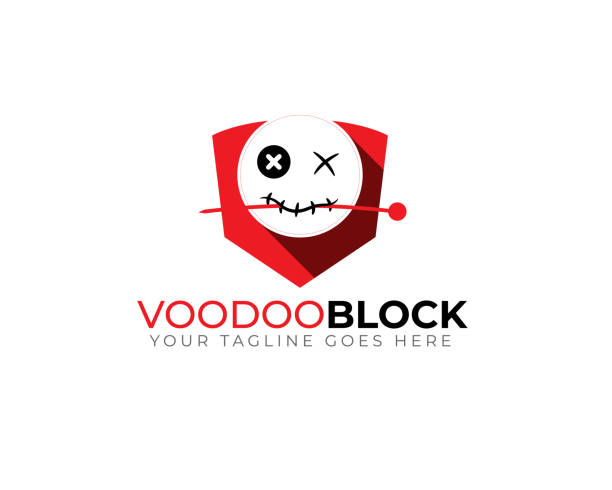 bildbanksillustrationer, clip art samt tecknat material och ikoner med voodoo doll face bite needle inside red shield - voodoo