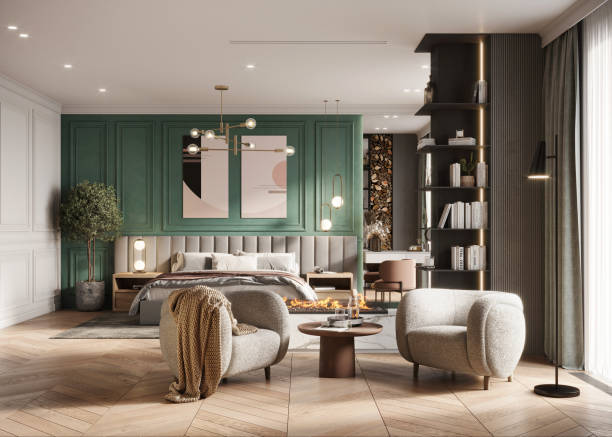 istock 3D Rendering of a large bedroom with armchairs and bathroom 1391018213